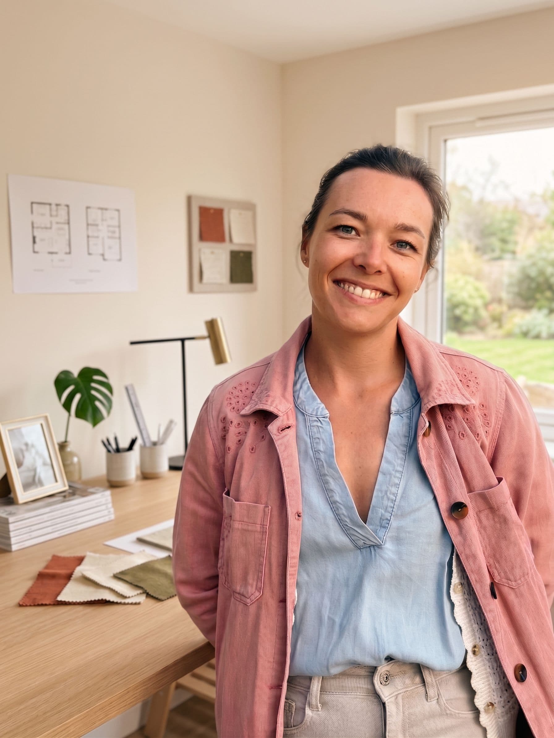Anne Martz, décoratrice d'intérieur, dans son bureau avec planches d'inspiration et échantillons de matières