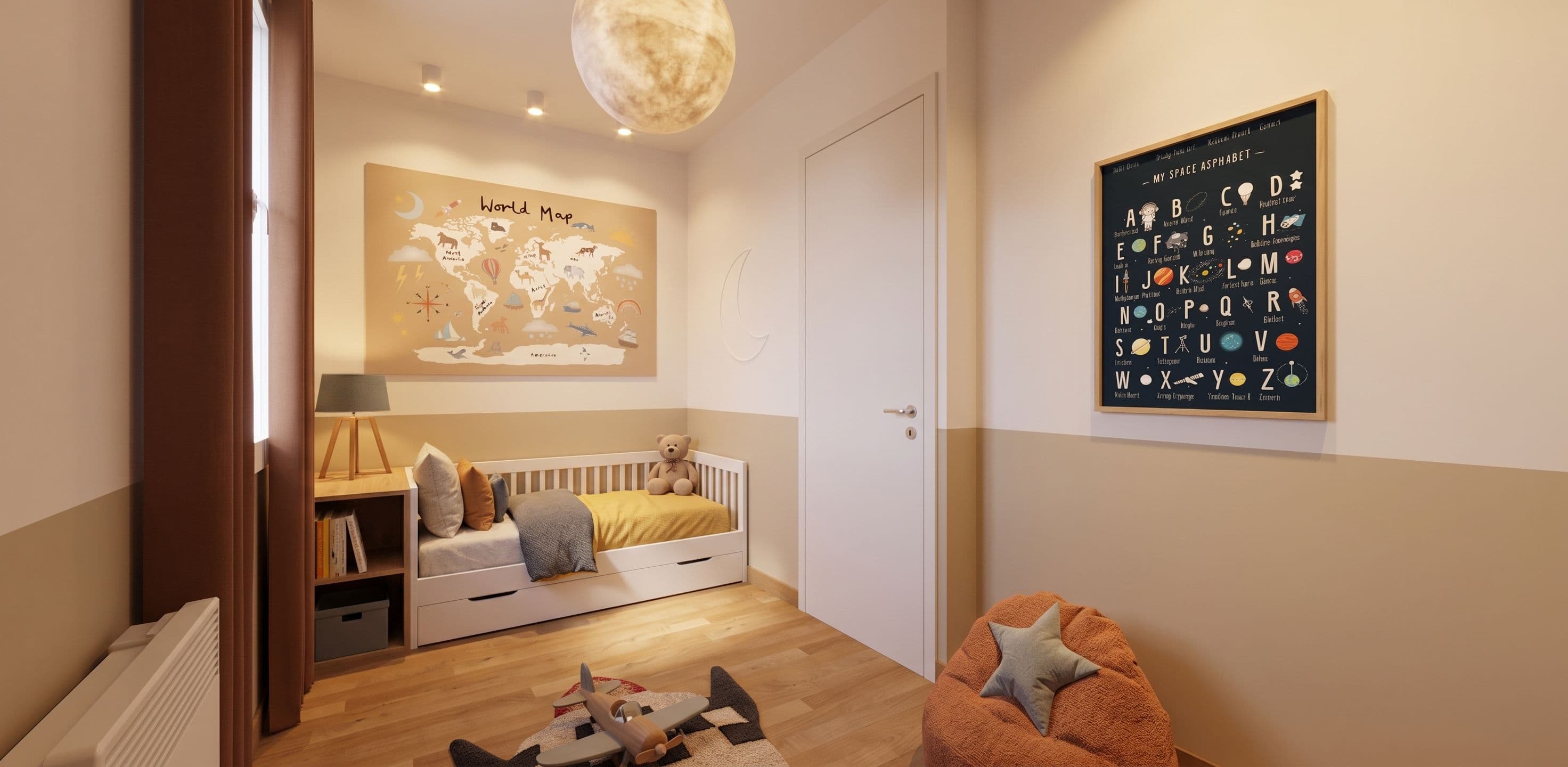 Chambre d'enfant sur le thème de l'espace avec carte du monde, projet Joncherettes