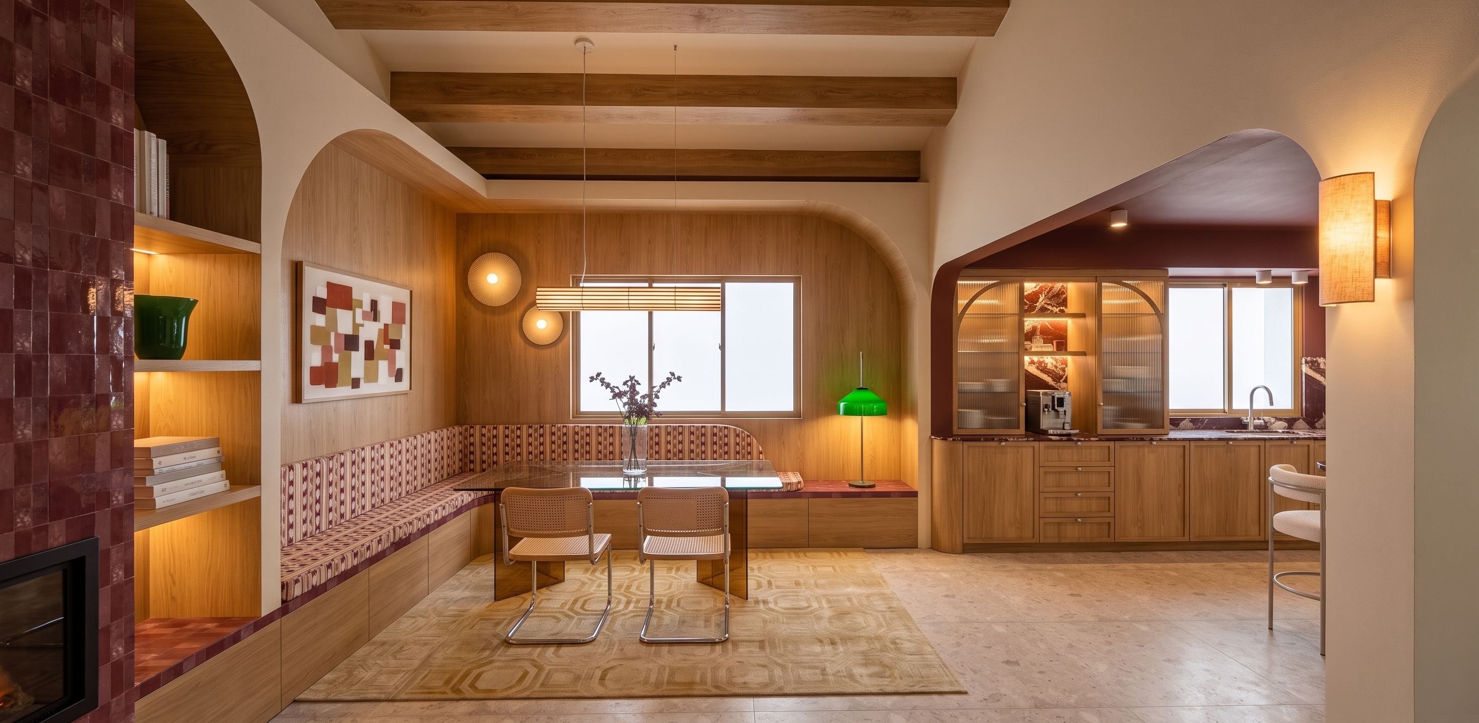 Salle à manger avec banquette d'angle et cheminée habillée de carreaux bordeaux